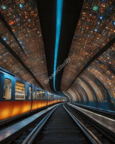 A subway train traveling through tunnels of dream symbols, representing life's journey.