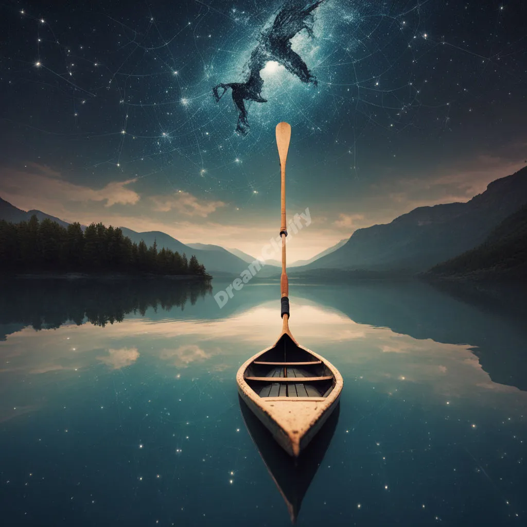 An oar breaking through the surface of a lake, revealing a sky full of constellations beneath, symbolizing guidance and hidden depths.