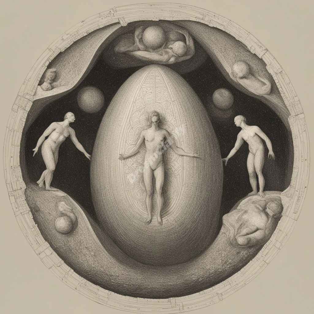 Four identical figures emerging from a cosmic egg, representing the mystery of life and multiple possibilities.