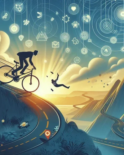 Person falling from bicycle on winding road, surrounded by dream symbols representing life challenges.