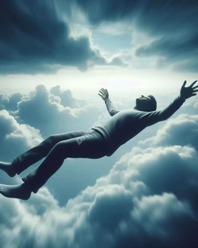 Person falling through clouds in a dream-like sky, representing sky falling dreams.