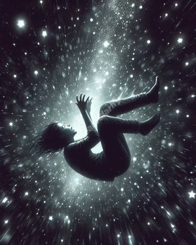 Person falling through starry darkness, representing unsettling falling dreams and their meanings.