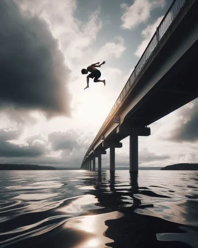 Person falling from a tall bridge in a dream-like scene, symbolizing loss of control and life transitions.