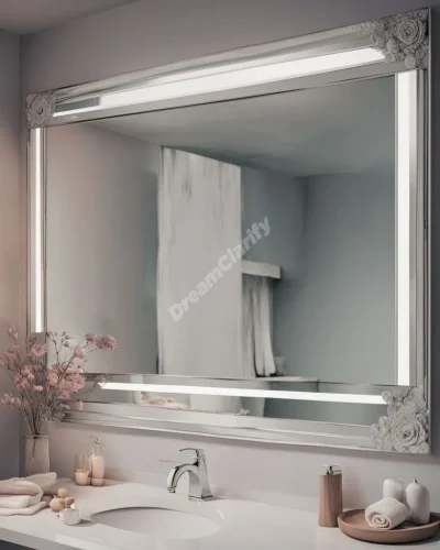 A bathroom mirror reflecting various dreamscapes instead of a reflection, symbolizing self-reflection in bathroom dreams.