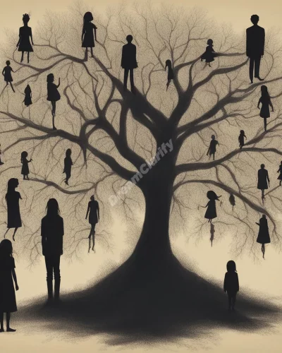 Shadowy figures in a family tree, representing taboo and hidden relationships in incest dreams.