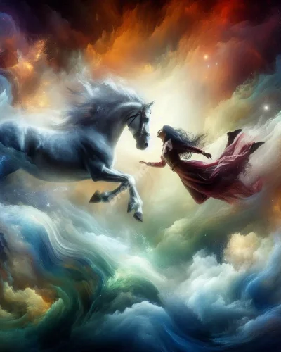 Person falling from a horse in a surreal, dreamy landscape, symbolizing loss of control and unexpected challenges.