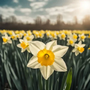 A field of vibrant daffodils under a soft spring sky, with one flower in focus, representing renewal and hidden potential.