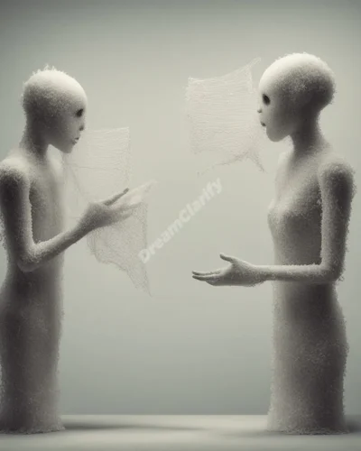 Ghostly figures attempting to speak, with words materializing as tangible objects, symbolizing unfinished communication.