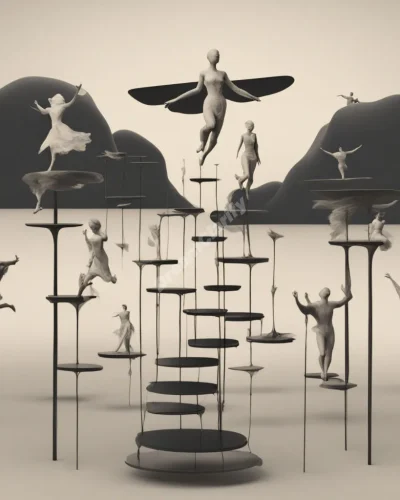 A figure gracefully landing on various platforms representing life stages, symbolizing arrivals and new beginnings.