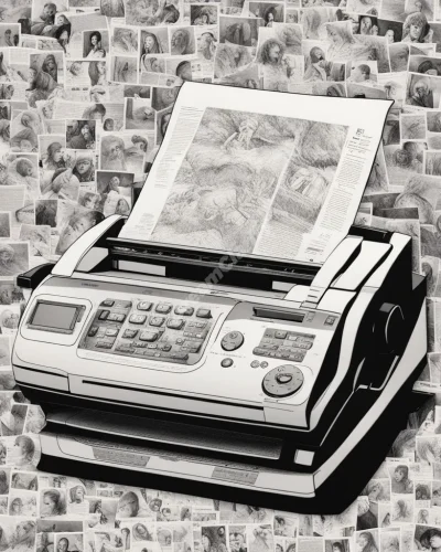 A fax machine printing out surreal images and cryptic messages, symbolizing communication and hidden information.