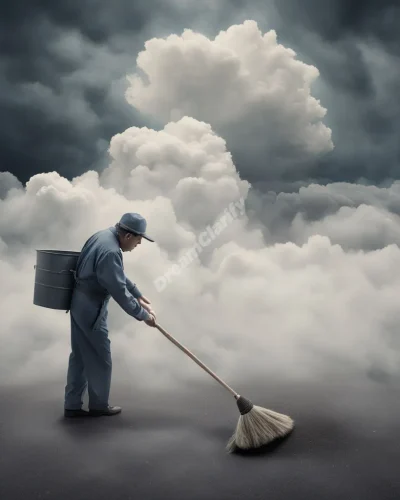 A janitor sweeping away clouds to reveal hidden dream landscapes, representing clearing of the mind and uncovering of truths.