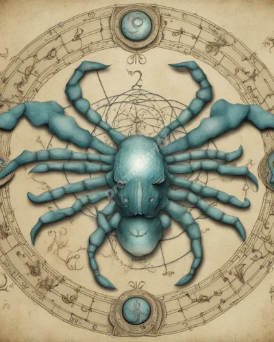 A zodiac cancer symbol morphing into various dream elements, representing illness and transformation.