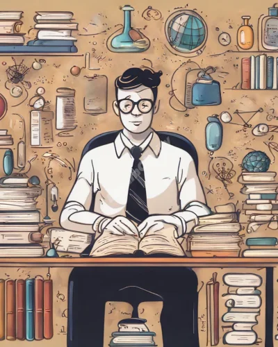 A nerdy figure surrounded by books and formulas, symbolizing intelligence in nerd dreams.