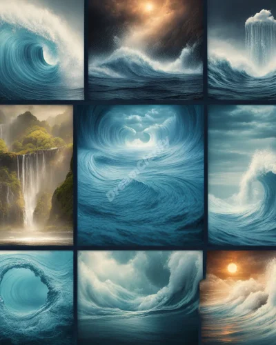 Water in various forms (waves, rain, river) flowing through dreamscapes, representing emotions and the subconscious in water dreams.