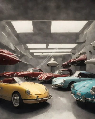 A valet parking dream cars in a surreal garage, each vehicle representing a different aspect of the dreamer's life.