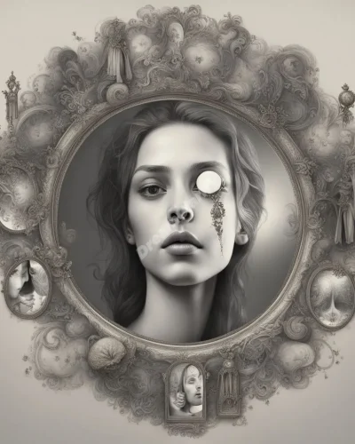 A mirror reflecting a distorted, grandiose version of the dreamer, surrounded by symbols of self-importance.