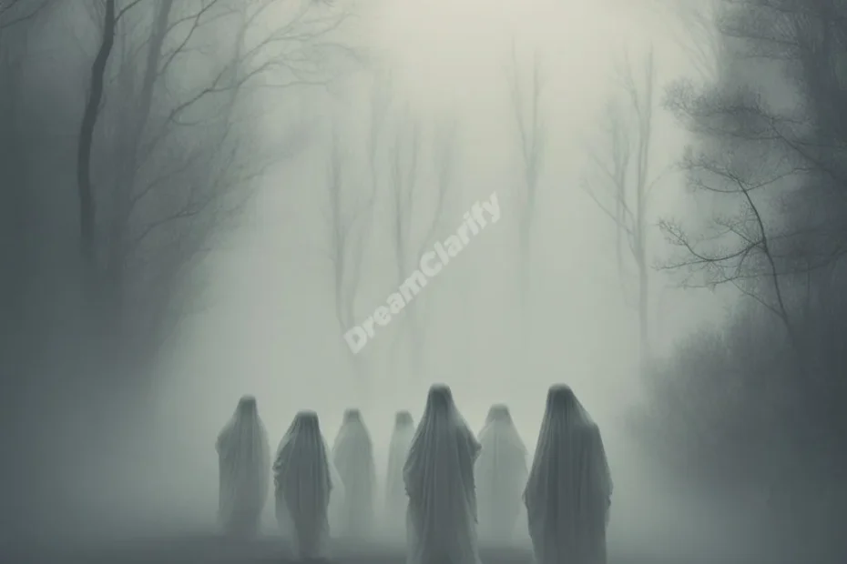 Ghostly figures emerging from a misty dreamscape, symbolizing paranormal experiences.