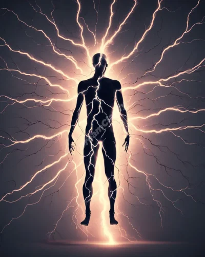 Lightning bolt striking a human silhouette, illuminating a network of glowing veins, symbolizing shock and sudden realization.