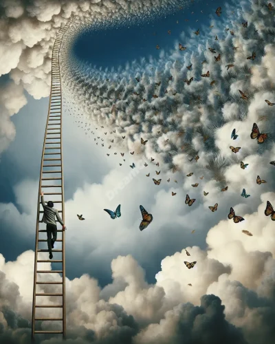 Person falling from a ladder stretching into clouds, symbolizing dream of falling from ladder.