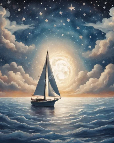 A sailboat navigating through a sea of stars and clouds, representing journey and freedom in sailing dreams.