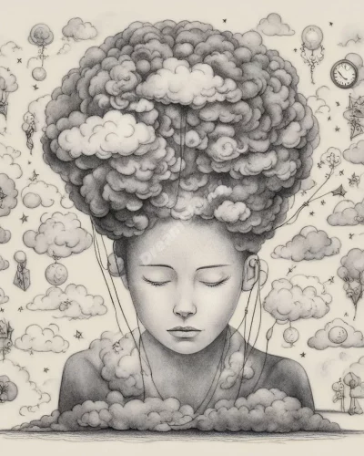 A figure with a clouded mind, surrounded by dream symbols, representing mental challenges.