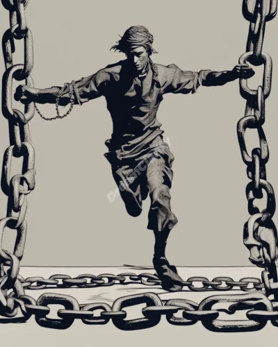 Chains breaking around a figure, symbolizing freedom in independence dreams.