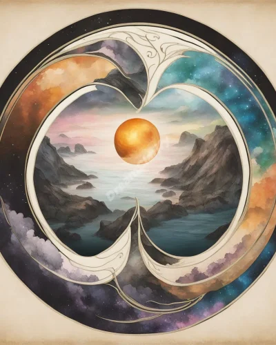 The yin-yang symbol forming a portal to a mystical landscape, representing balance and cosmic wisdom in dreams.