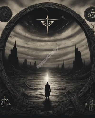 A dark horizon with apocalyptic symbols emerging from the shadows, representing the end and new beginnings.