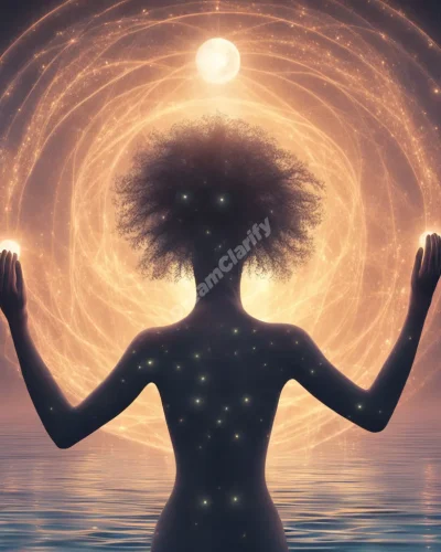 Open arms embracing floating, glowing orbs representing acceptance of different aspects of life and self.