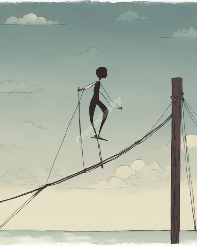 A figure balancing on a tightrope of dreams, symbolizing life's challenges.