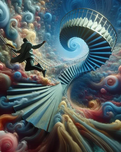 Surreal image of person falling down spiral staircase, representing falling stairs dreams.