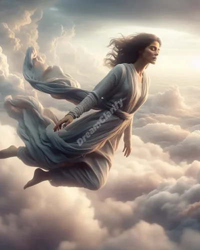 Person falling through dreamy clouds, symbolizing the peaceful surrender in falling dreams.