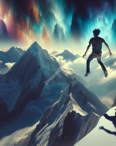 Person falling from mountain peak in dream-like surreal landscape, symbolizing dream interpretation.