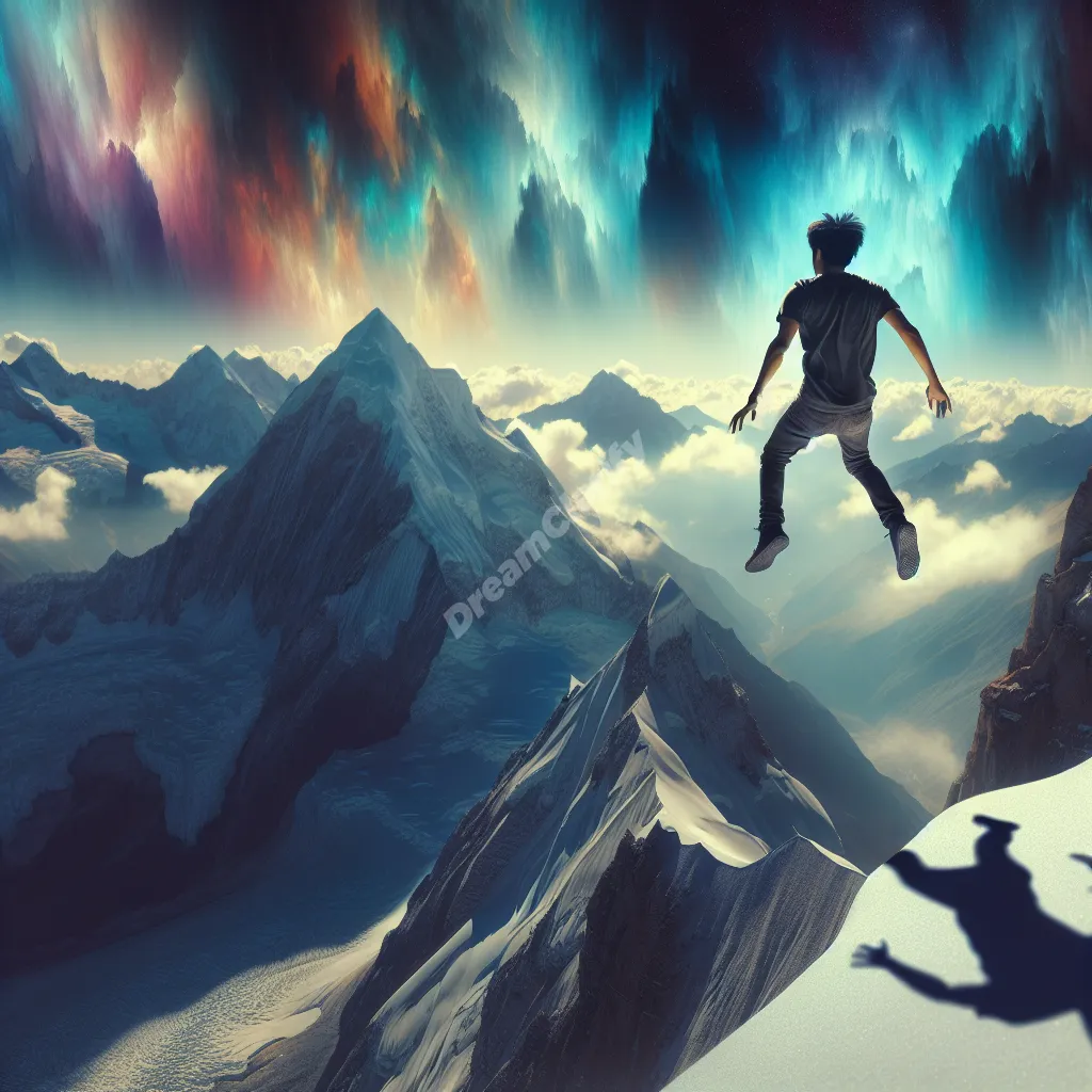 Person falling from mountain peak in dream-like surreal landscape, symbolizing dream interpretation.