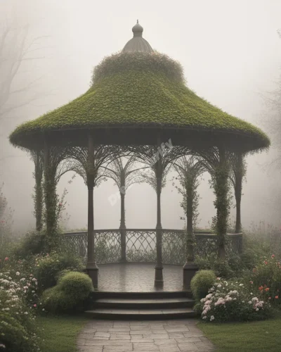 A gazebo in a misty garden, its structure formed from intertwining vines and flowers, symbolizing peace and social connections.