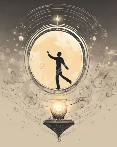 A figure reaching towards a glowing object, with symbols of aspiration and achievement forming in the air, representing ambition in reaching dreams.