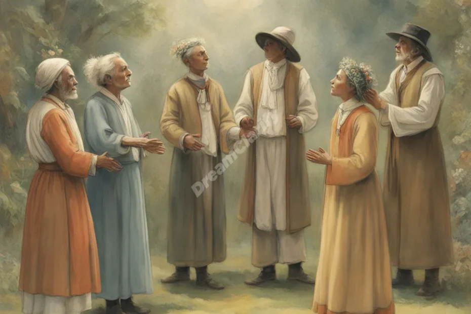 Quakers in traditional attire standing in a circle, emanating peaceful energy in a dreamlike setting.