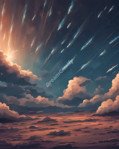 Meteors streaking across a dream sky, symbolizing sudden change and impact.