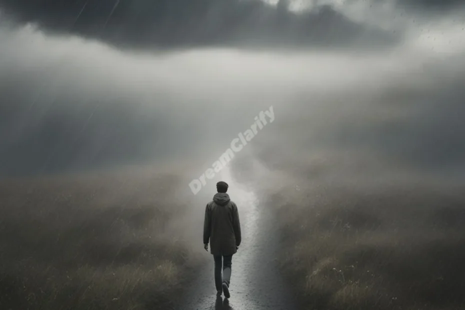 A figure walking through a misty landscape with rain clouds overhead, representing emotional journeys.