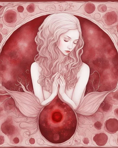 Menstrual blood forming nurturing dream gardens, symbolizing cycles in menstruation dreams.