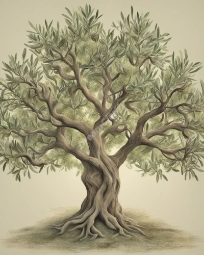 An olive tree with branches forming peaceful symbols, representing abundance.