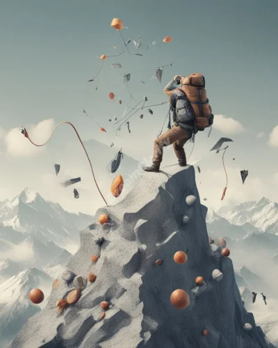 A figure climbing a mountain made of various challenging objects, each overcome obstacle revealing a new insight.