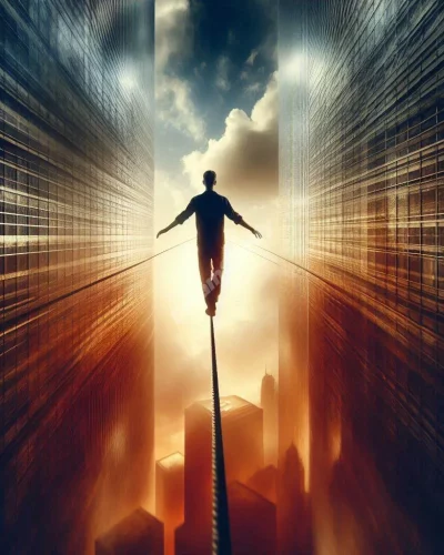 Person balancing on tightrope between skyscrapers, symbolizing risk and life balance in dreams.