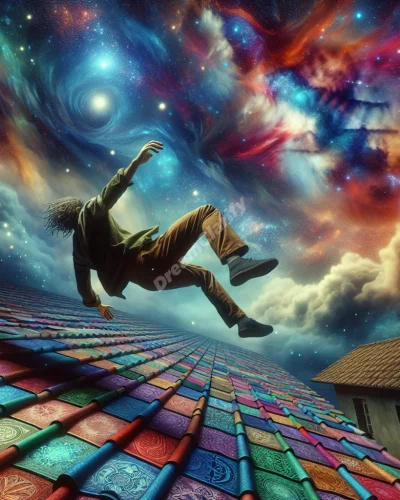 Person falling from tiled roof in dreamscape with surreal sky, illustrating roof-falling dream scenario.