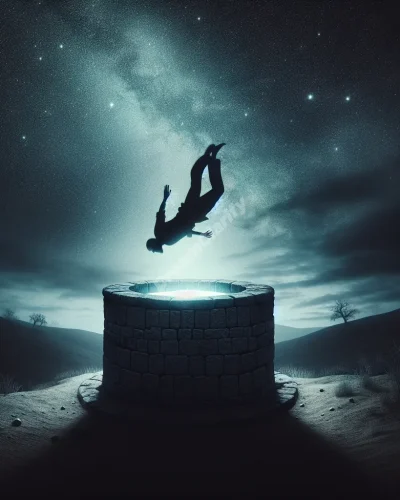 Person falling into deep well, symbolizing dream of falling and self-discovery.