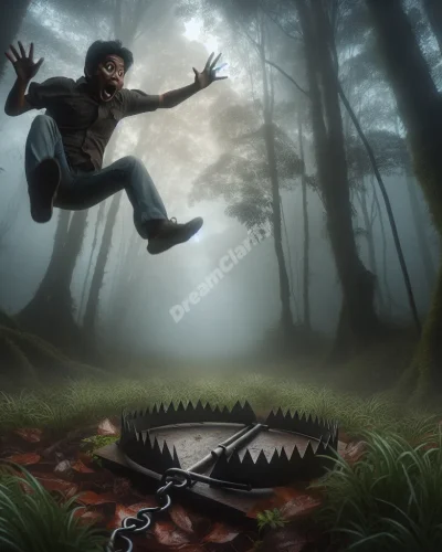 Person falling towards open bear trap in misty forest, symbolizing dream of falling into trap