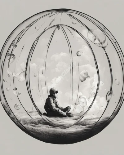 A person inside a protective bubble, dream symbols floating outside, representing isolation and safety in quarantine.