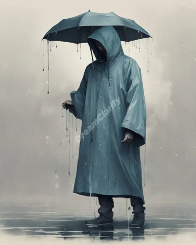 A figure wearing a raincoat that morphs to protect against various dream challenges, symbolizing adaptability.