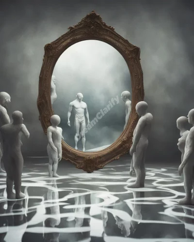 Reflections in a mirror showing alternate dream realities, representing self-awareness.