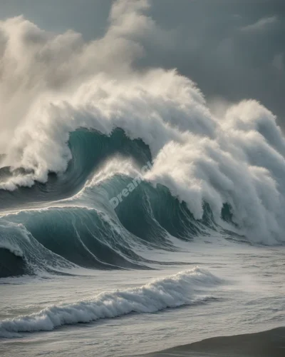 Large waves crashing against a shore, each wave revealing different emotions and experiences, representing emotional tides.